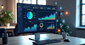 Tela de computador com dashboard de dados de CRM e gráficos de campanhas de tráfego pago