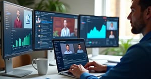 Pessoa participando de evento online com múltiplas telas, gráficos e ferramentas de marketing digital na tela do computador