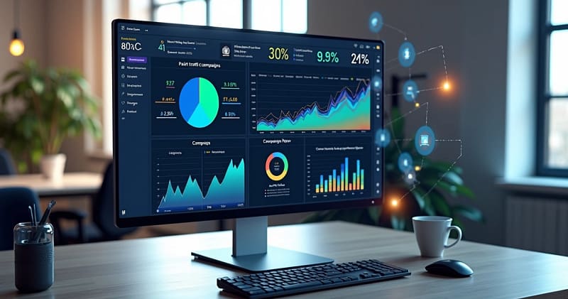 Tela de computador com dashboard de dados de CRM e gráficos de campanhas de tráfego pago