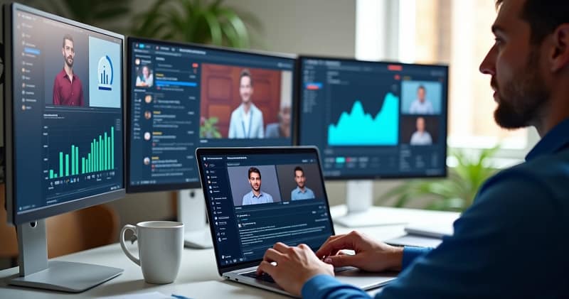 Pessoa participando de evento online com múltiplas telas, gráficos e ferramentas de marketing digital na tela do computador